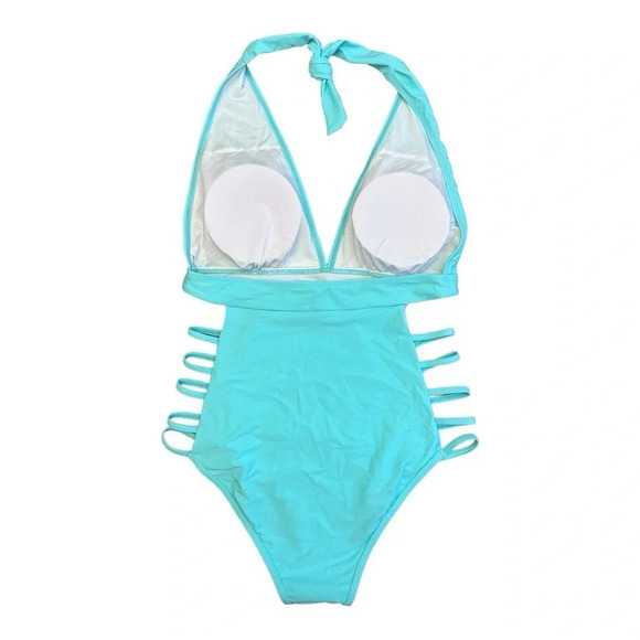 Tempt Me Plunge V Neck Halter Swimsuit Cut Out Sides Open Back Aqua - Picture 7 of 10